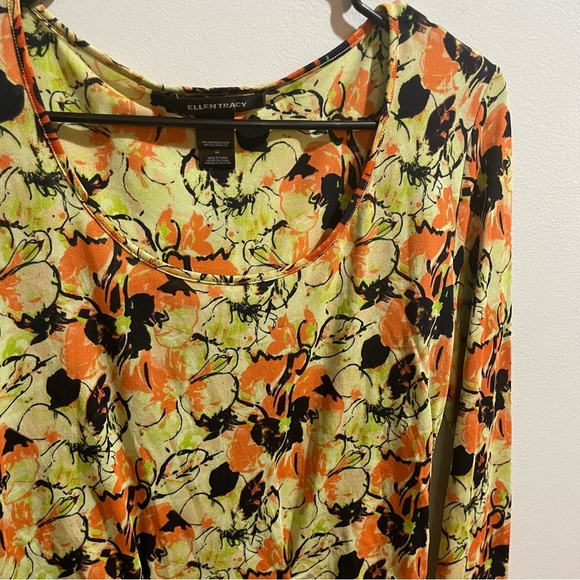Ellen Tracy Silk Blend Blouse Women’s Medium Floral Print Yellow/Green Ruched - Picture 2 of 8